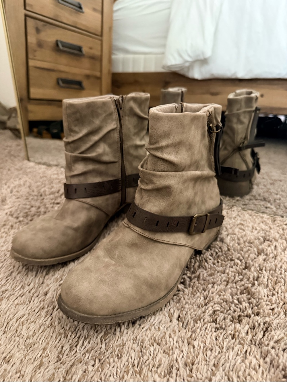 Jellypop Taupe Slouch Booties with Buckle Strap